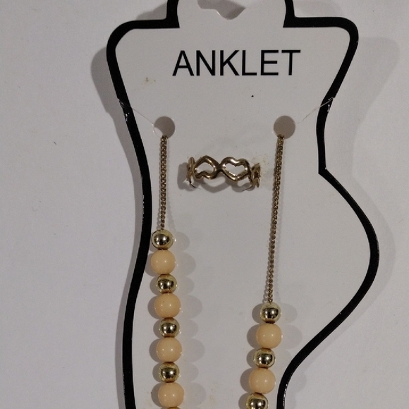 Beaded Gold-Tone Anklet Flower Charm & Matching Toe Ring – Summer Beach Jewelry - Picture 6 of 9